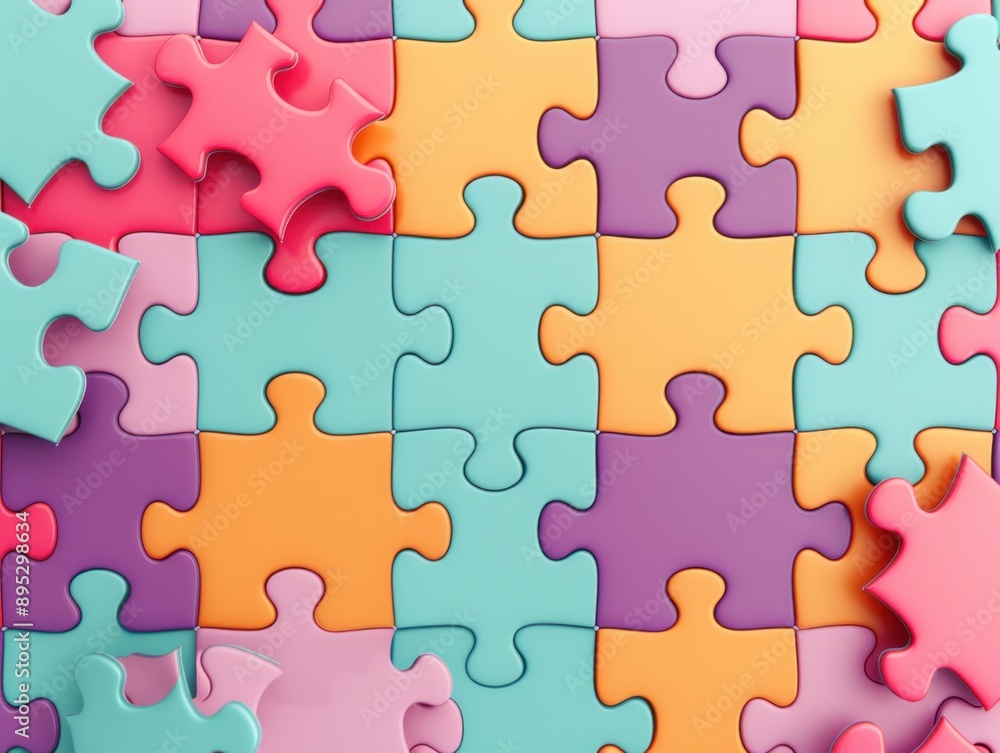 Poster collaboration in action, vibrant puzzle pieces interlocking seamlessly, symbolizing teamwork and uni