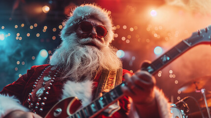 rock star santa claus with electric guitar in a rock style at a christmas eve show