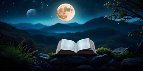 A captivating book cover showcasing a stylized abstract landscape with vibrant foliage under a moonlit sky, inviting readers into a mystical world.