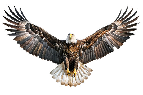 Bald Eagle in Flight: A majestic bald eagle soaring with wings spread wide against a white background.