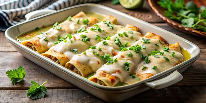 Platter of enchiladas suizas in creamy sauce with cheese, Mexican, enchiladas, suizas, creamy, sauce, cheese, delicious