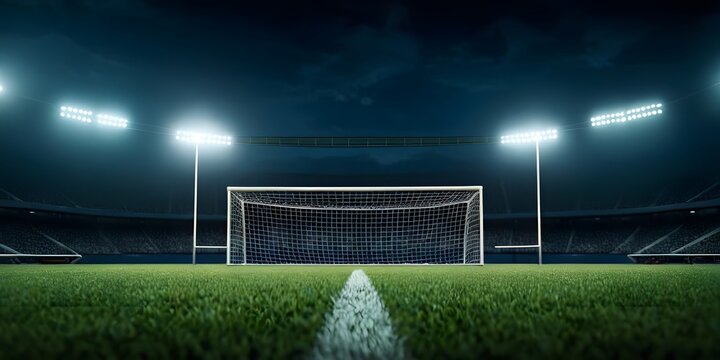 A close-up view of a football field at night, showcasing the goalposts and the illuminated playing area.