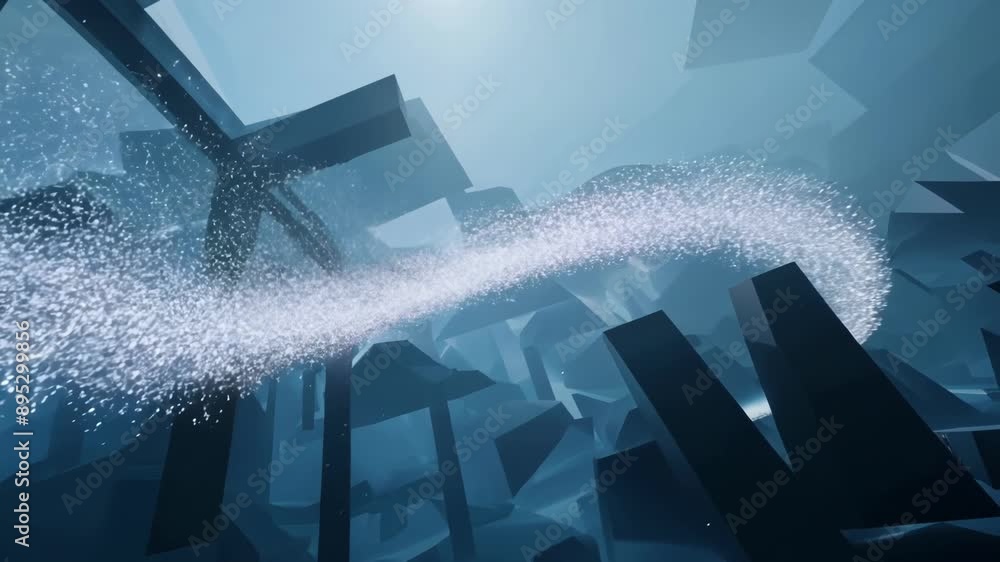 Poster a stream of glowing particles flows rapidly and effortlessly through a vast obstaclefilled environme