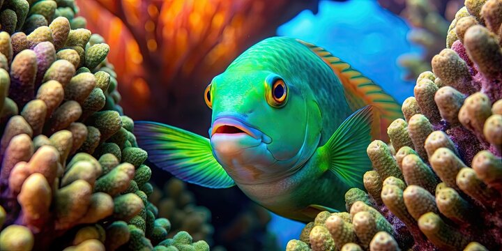 Colourful green parrot fish peeking out from under vibrant coral reef, marine life, underwater, tropical, ocean, exotic
