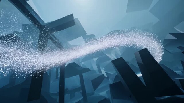 A stream of glowing particles flows rapidly and effortlessly through a vast obstaclefilled environment never missing a step.