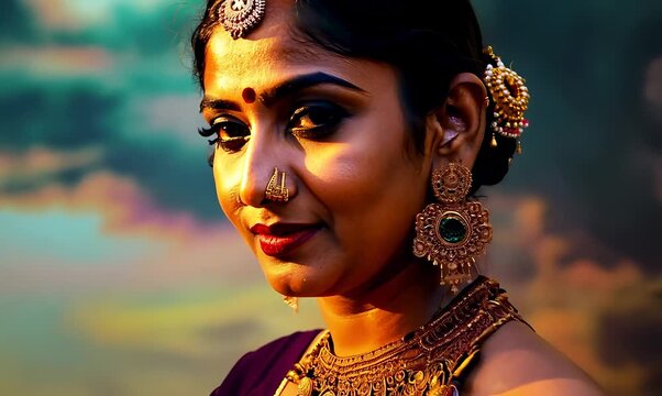 Medium shot portrait of an Indian woman in her 40s wearing bindi and traditional jewelry in an abstract background