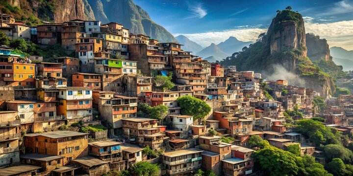Dystopian future favelas nestled within mountainous terrain , future, large, favelas, slums, mountains, environment