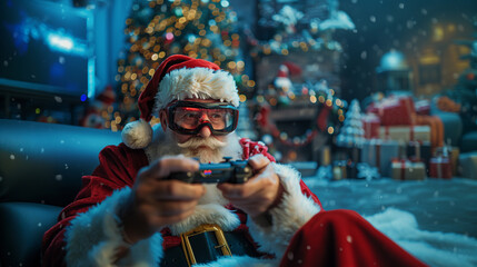 santa claus gamer with joystick and goggles playing online games technology gaming at christmas