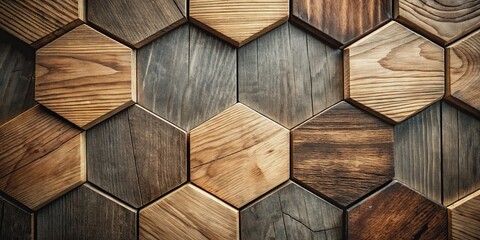 Close up of textured wooden hexagon background with abstract geometric shapes , wood, hexagons, abstract, shapes, background