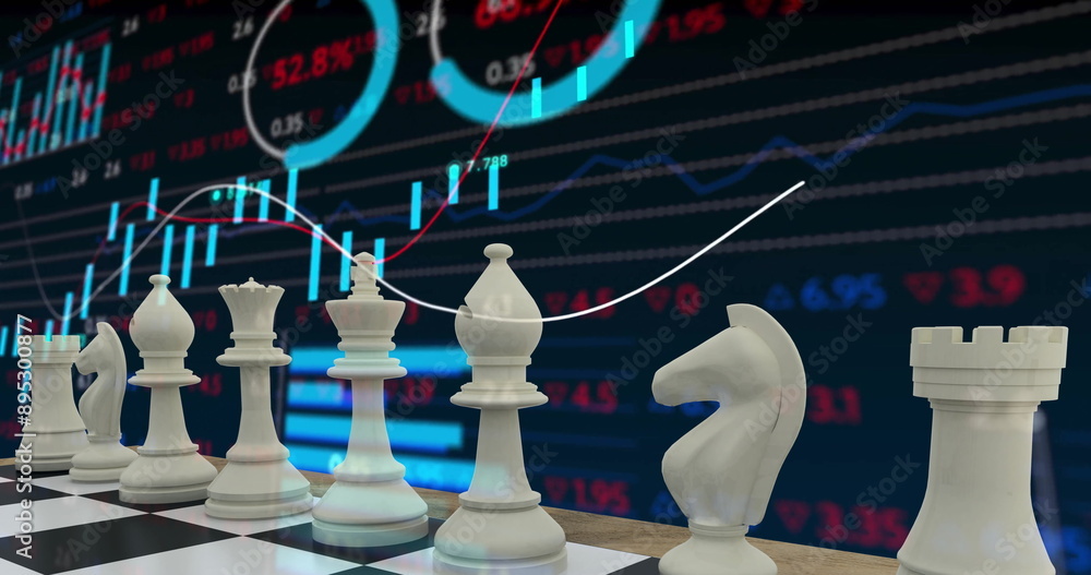 Poster image of white chess pieces over data processing on black background