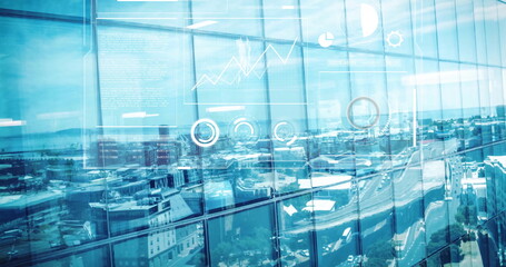 Image of financial data processing over cityscape