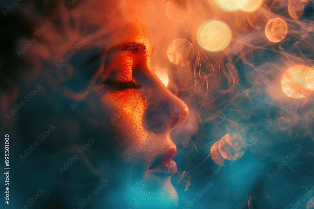 Poster A close-up shot of a woman's face with soft lights in the background, ideal for use in portrait photography or lighting-related concepts