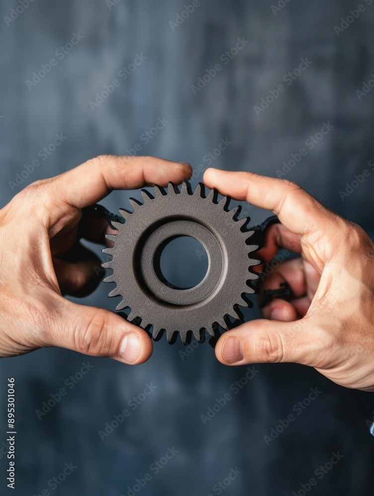 Poster teamwork in action, a close-up of hands gripping a gear, symbolizing collaboration and progress, wit