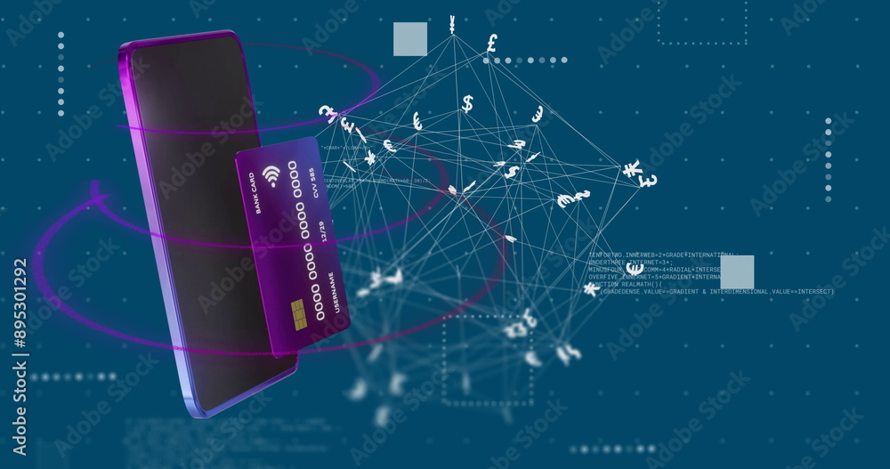Poster image of globe with currency symbols and data processing over credit card and smartphone