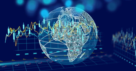 Image of financial data processing over globe on blue background