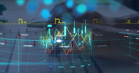 Image of financial data processing over biracial woman using computer