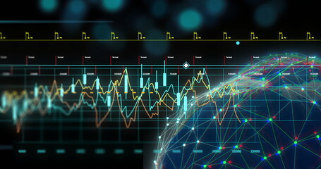 Image of financial data processing over globe on black background