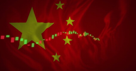 Image of financial data processing over flag of china