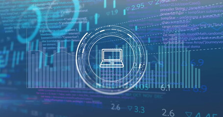 Image of financial data processing over laptop symbol over landscape
