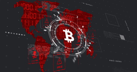 Image of financial data processing over bitcoin symbol and world map