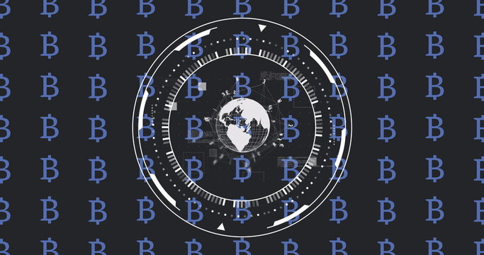 Image of globe and financial data processing over bitcoin symbols on black background