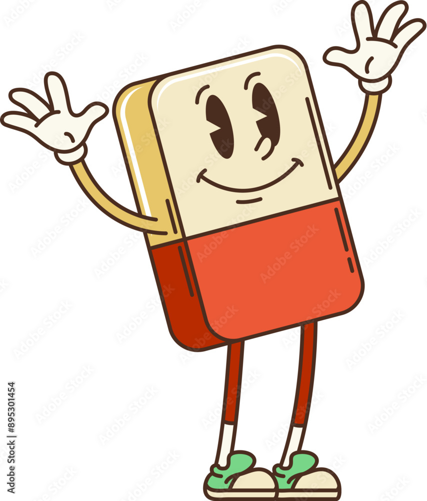 Aufkleber retro groovy school eraser character. isolated cartoon vector eraser tool dancing with cheerful smil