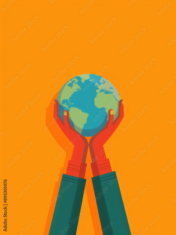 Poster global unity icon, hands collaboratively elevating a globe symbolizing partnership and teamwork, des