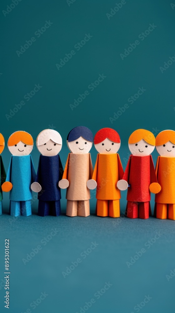Poster paper dolls unity, an illustration of interconnected paper dolls symbolizing teamwork and collaborat