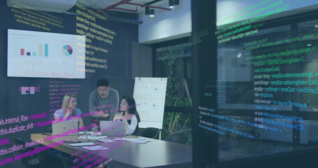 Obraz premium Image of financial data processing over diverse business people in office