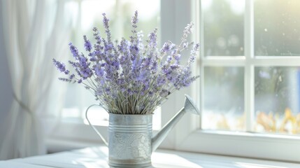 Dry lavender bouquet displayed in watering can on white table near window Delicate blur