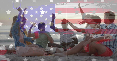 Image of american flag and texture over happy diverse friends dancing, sitting on sunny beach
