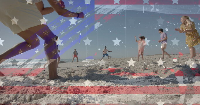 Image of american flag and texture over happy diverse friends playing football on sunny beach - Powered by Adobe