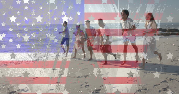 Image of american flag and texture over happy diverse friends running together on sunny beach - Powered by Adobe