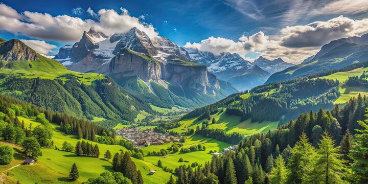 Scenic view of lush green forests and majestic mountains surrounding Grindelwald, Switzerland, nature, Grindelwald
