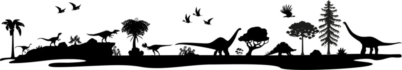 Prehistoric dinosaurs silhouettes in jungle forest, vector Jurassic era lizards. Prehistoric dinosaur brontosaurus, T-rex tyrannosaurus with stegosaurus and velociraptor or argentavis silhouette © Vector Tradition