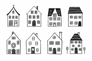 Fototapeta premium Serene minimalist illustration of houses and trees in soft gray