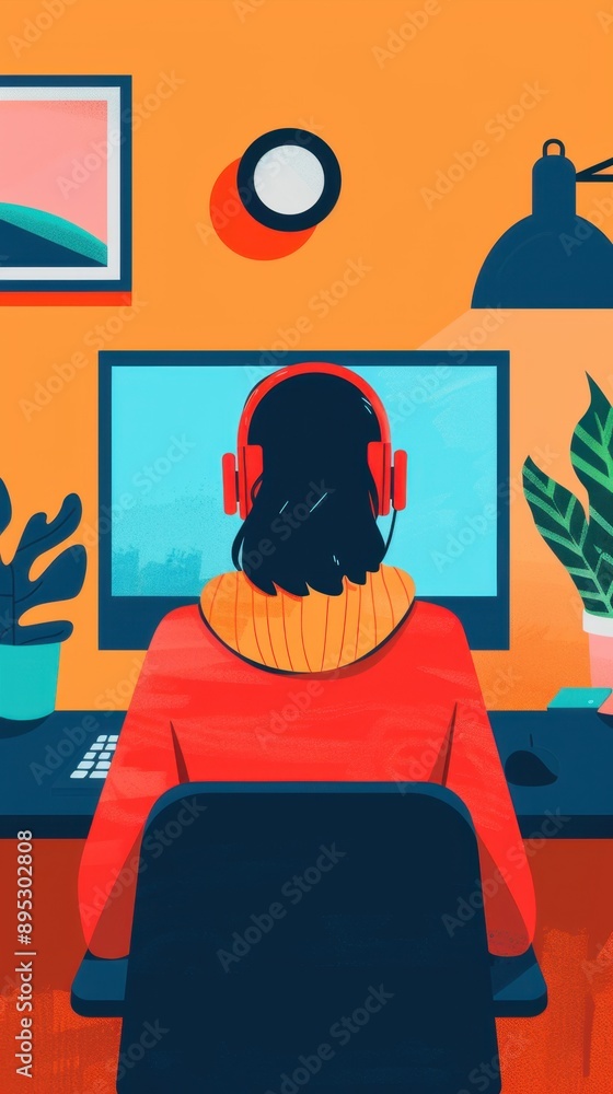 Poster dynamic online series cover, featuring flat design illustration of a person in front view, sound des