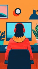 Dynamic Online Series Cover, featuring flat design illustration of a person in front view, sound design elements integrated, ample copy space for text, rich depth of field effects.