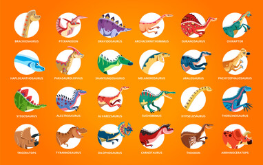 Prehistoric dinosaurs isolated round icons. Vector set of prehistoric dino species each labeled with its name in white circles. Ancient Jurassic or Mesozoic era herbivore and carnivore reptile animals © Vector Tradition