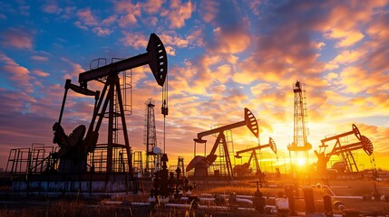 a sunset with oil pumps and a sky background