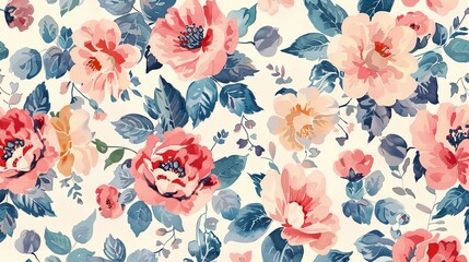 a floral pattern with pink and blue flowers on a white background
