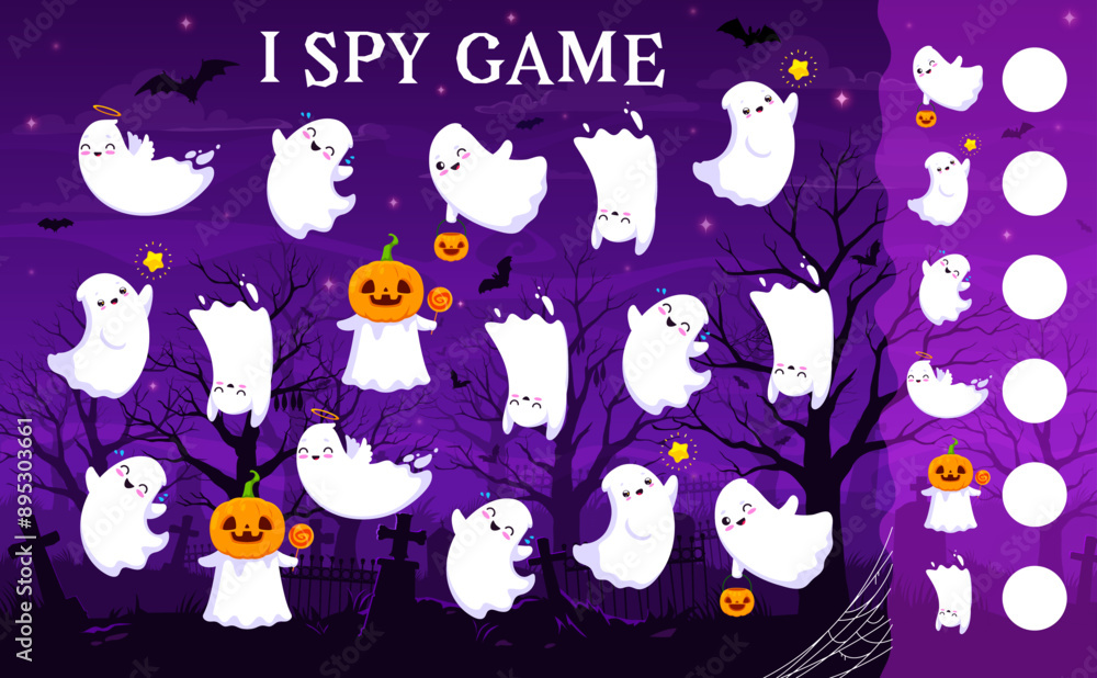 Poster halloween i spy game worksheet with flying kawaii ghost characters, vector puzzle. kids quiz with fu