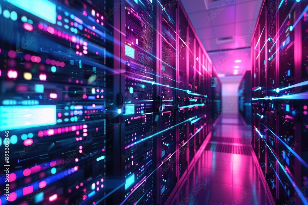 Poster servers lined up in a data center facility