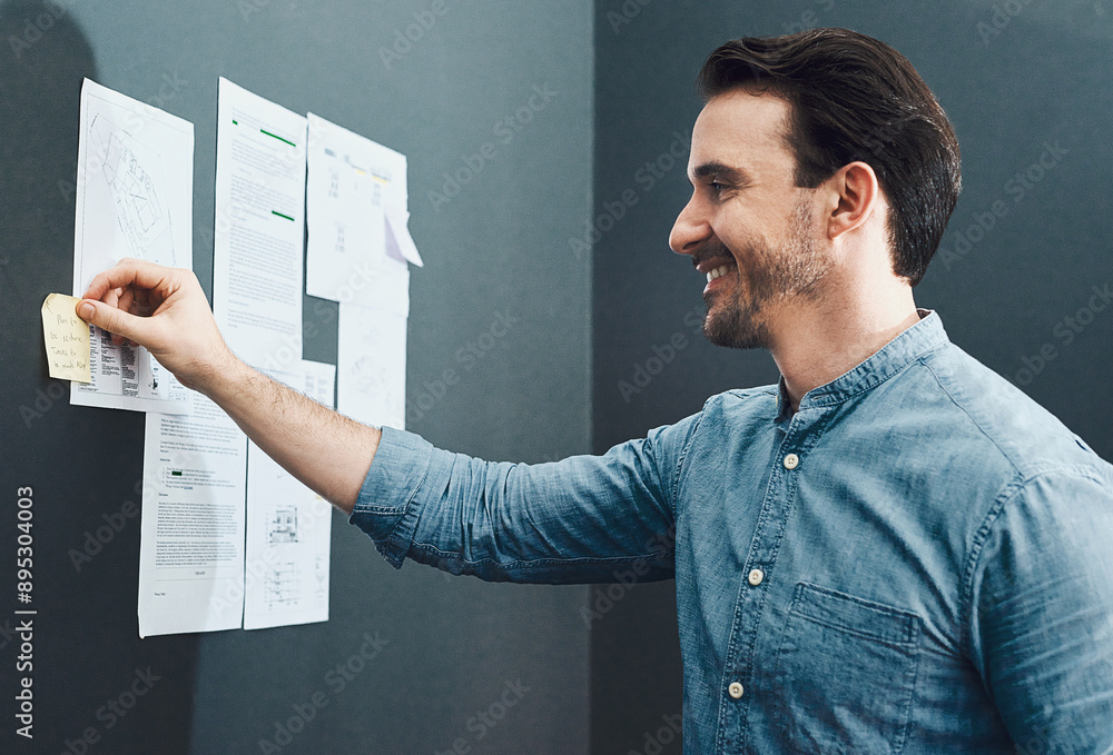 Poster business, man and sticky note on wall in office for blueprint reminder, building design or project p