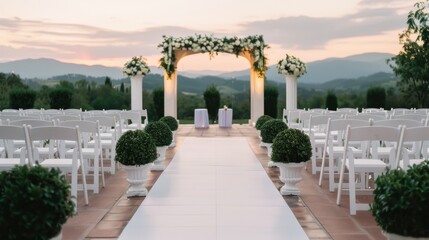 Elegant wedding venue, stunning arch framed by a golden sunset, romantic ambiance creates a perfect backdrop, ample copy space for personalized messages, inviting atmosphere.