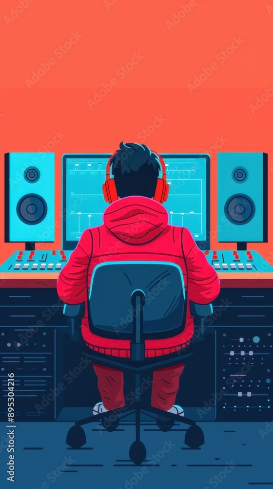 Poster soundboard interface editing, flat design illustration showcasing a person interacting with a soundb
