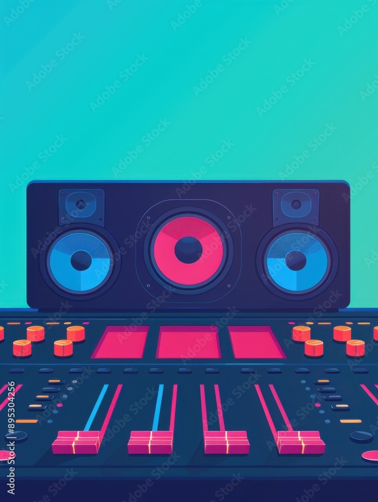Poster flat design illustration for sound mixing, a vibrant series production visual featuring a front view