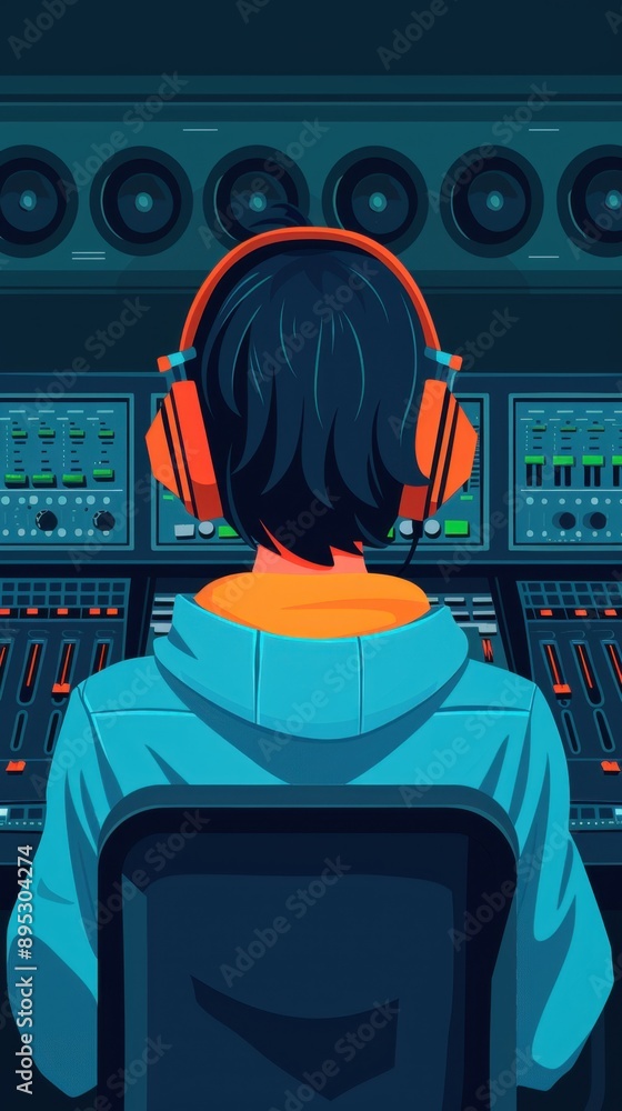 Aufkleber online sound mixing platform, flat design illustration showcasing a front view of a person, ample co