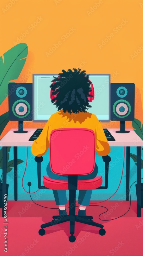 Aufkleber flat design illustration of a person in front view, showcasing series production and sound mixing on