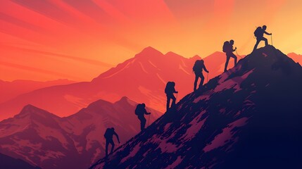Fototapeta premium Business team success concept.silhouette of business man on peak mountain climbing helping on sunset background teamwork. 